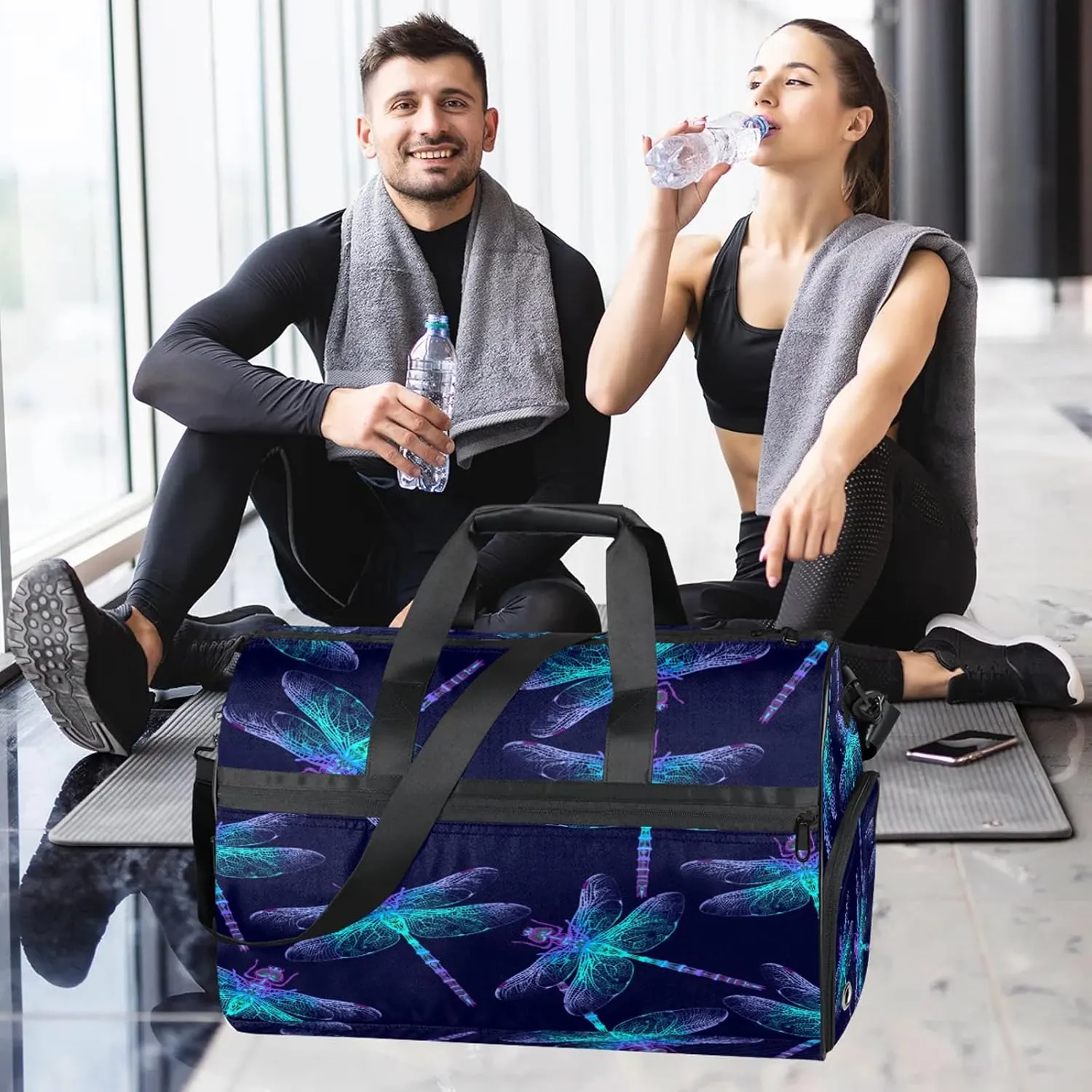 Gym Bag for Women Men Animal Abstract Dragonfly Travel Duffle Bag with Shoe Compartment Waterproof Sports Tote Bags Large Overnight Weekender Bags for Travel Swimming Gym Yoga Dance