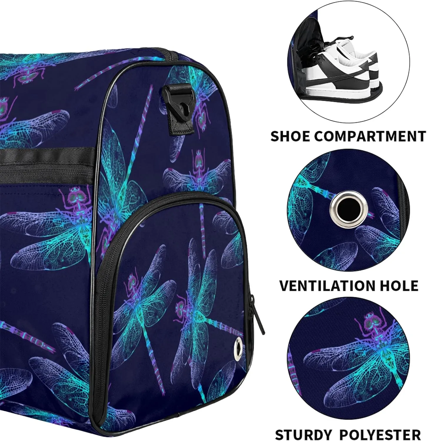 Gym Bag for Women Men Animal Abstract Dragonfly Travel Duffle Bag with Shoe Compartment Waterproof Sports Tote Bags Large Overnight Weekender Bags for Travel Swimming Gym Yoga Dance