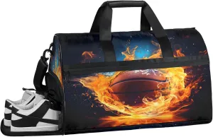 Gym Bag for Women Men Basketball Sports Fire Travel Duffle Bag with Shoe Compartment Waterproof Sports Tote Bags Large Overnight Weekender Bags for Travel Swimming Gym Yoga Dance