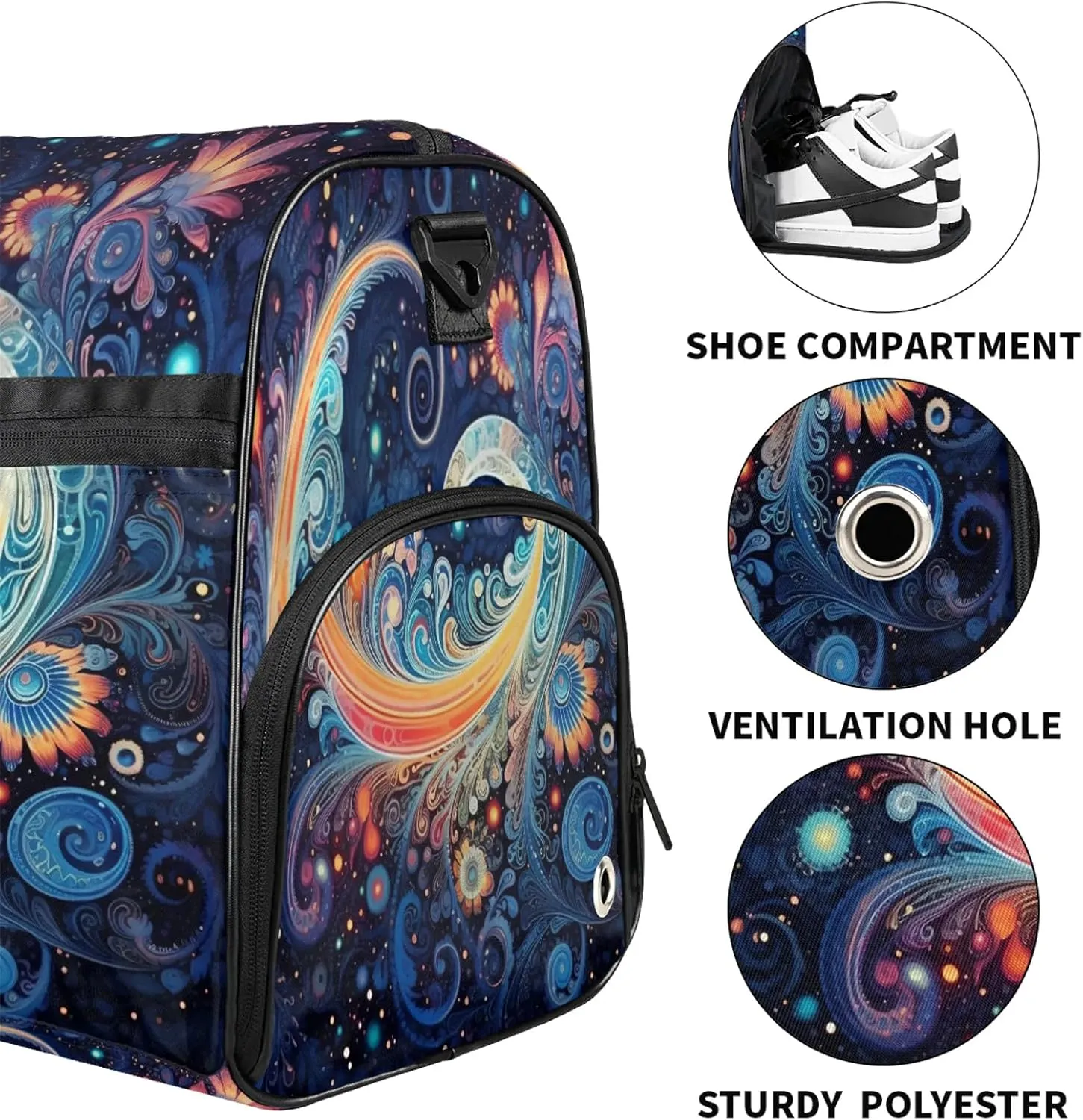 Gym Bag for Women Men Colorful Abstract Galaxy Travel Duffle Bag with Shoe Compartment Waterproof Sports Tote Bags Large Overnight Weekender Bags for Travel Swimming Gym Yoga Dance