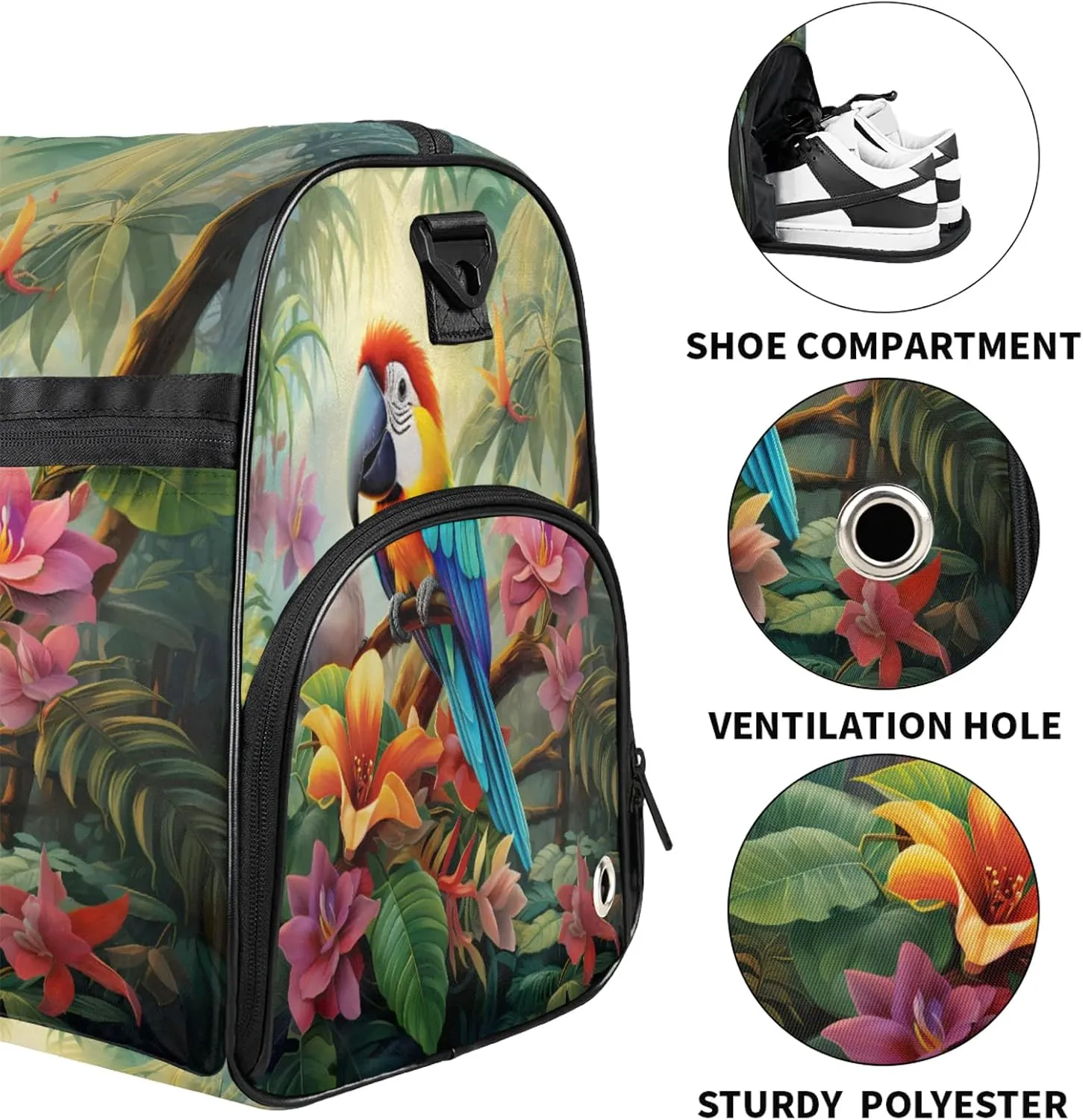 Gym Bag for Women Men Colorful Flower Bird Abstract Travel Duffle Bag with Shoe Compartment Waterproof Sports Tote Bags Large Overnight Weekender Bags for Travel Swimming Gym Yoga Dance