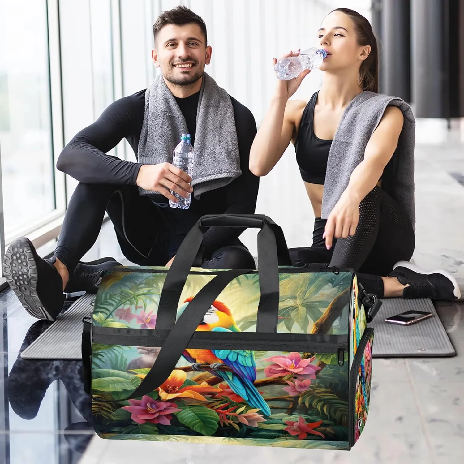 Gym Bag for Women Men Colorful Flower Bird Abstract Travel Duffle Bag with Shoe Compartment Waterproof Sports Tote Bags Large Overnight Weekender Bags for Travel Swimming Gym Yoga Dance