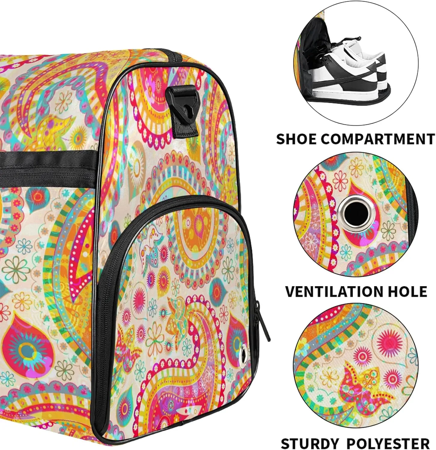 Gym Bag for Women Men Ethnic Colorful Peris Travel Duffle Bag with Shoe Compartment Waterproof Sports Tote Bags Large Overnight Weekender Bags for Travel Swimming Gym Yoga Dance