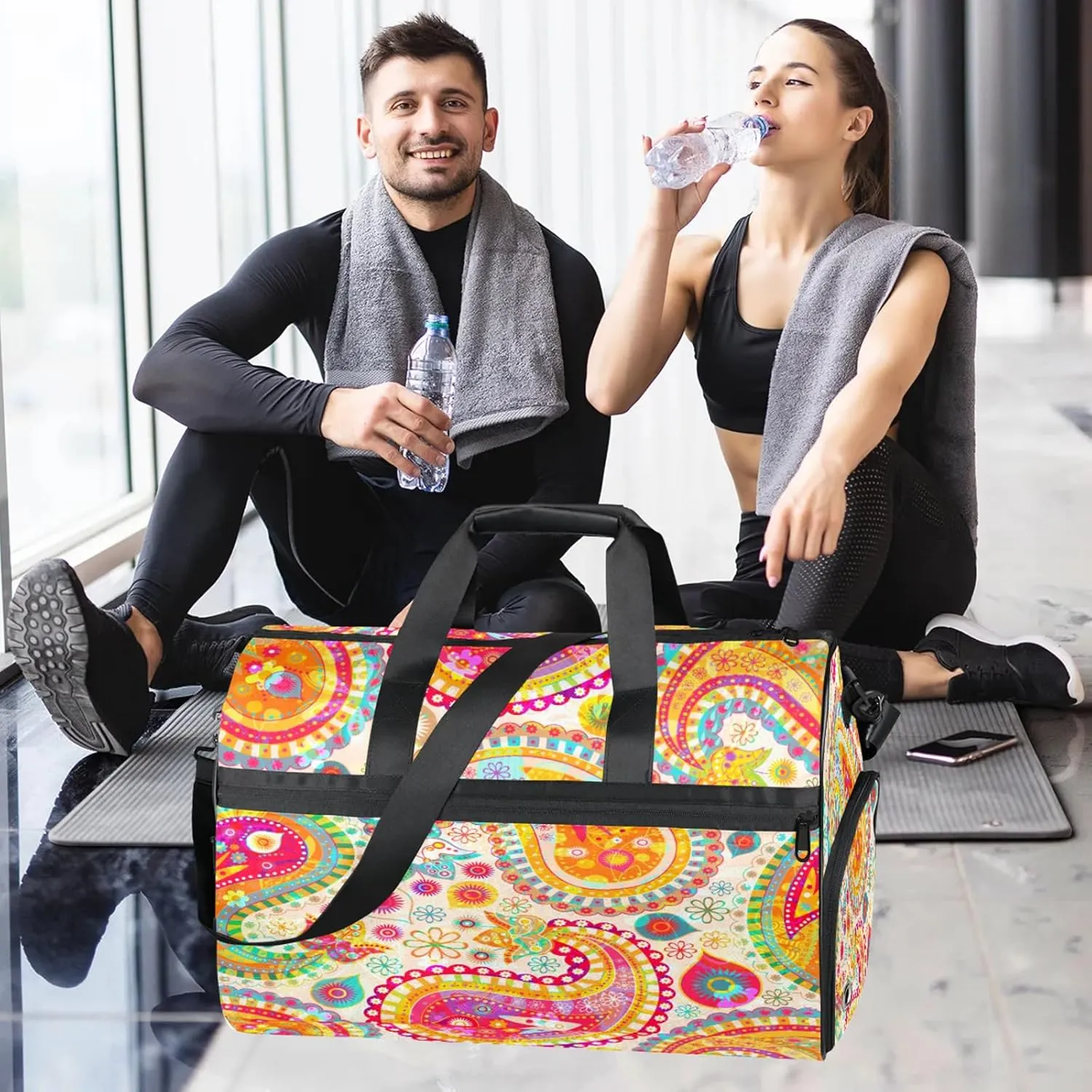 Gym Bag for Women Men Ethnic Colorful Peris Travel Duffle Bag with Shoe Compartment Waterproof Sports Tote Bags Large Overnight Weekender Bags for Travel Swimming Gym Yoga Dance