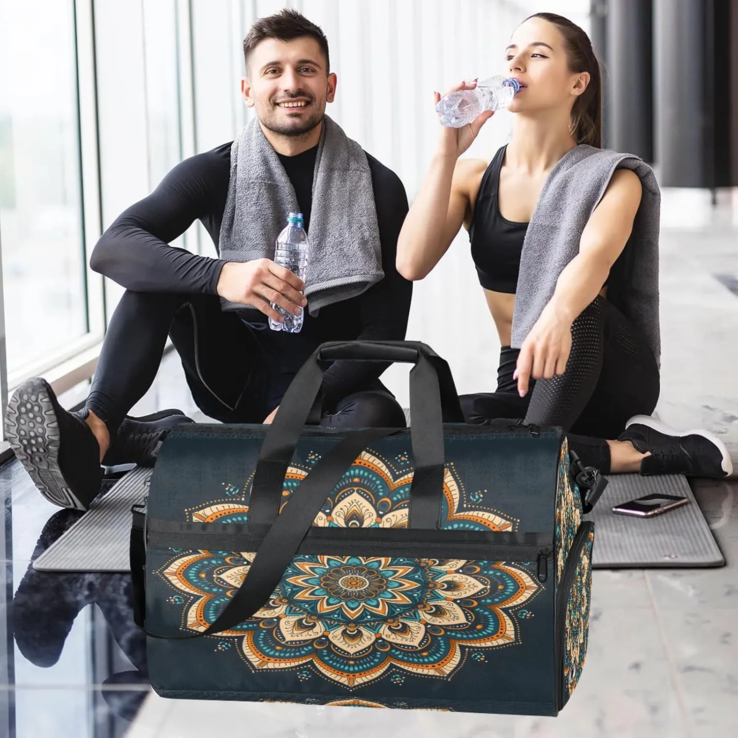 Gym Bag for Women Men Ethnic Mandala Colorful Flower Travel Duffle Bag with Shoe Compartment Waterproof Sports Tote Bags Large Overnight Weekender Bags for Travel Swimming Gym Yoga Dance