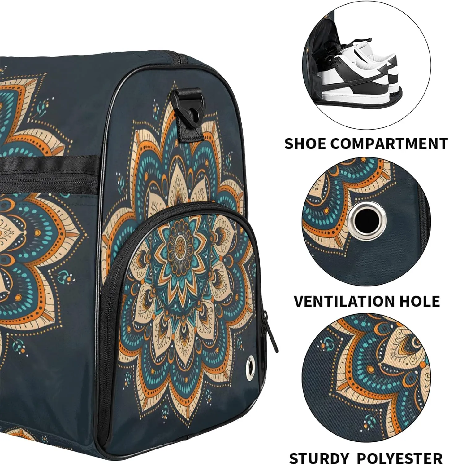 Gym Bag for Women Men Ethnic Mandala Colorful Flower Travel Duffle Bag with Shoe Compartment Waterproof Sports Tote Bags Large Overnight Weekender Bags for Travel Swimming Gym Yoga Dance