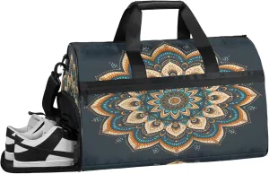 Gym Bag for Women Men Ethnic Mandala Colorful Flower Travel Duffle Bag with Shoe Compartment Waterproof Sports Tote Bags Large Overnight Weekender Bags for Travel Swimming Gym Yoga Dance