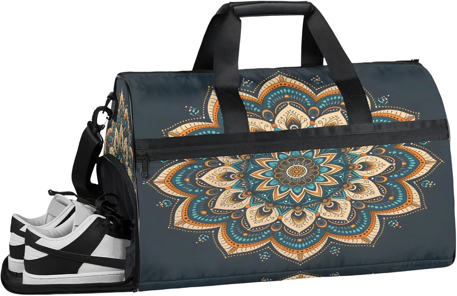 Gym Bag for Women Men Ethnic Mandala Colorful Flower Travel Duffle Bag with Shoe Compartment Waterproof Sports Tote Bags Large Overnight Weekender Bags for Travel Swimming Gym Yoga Dance