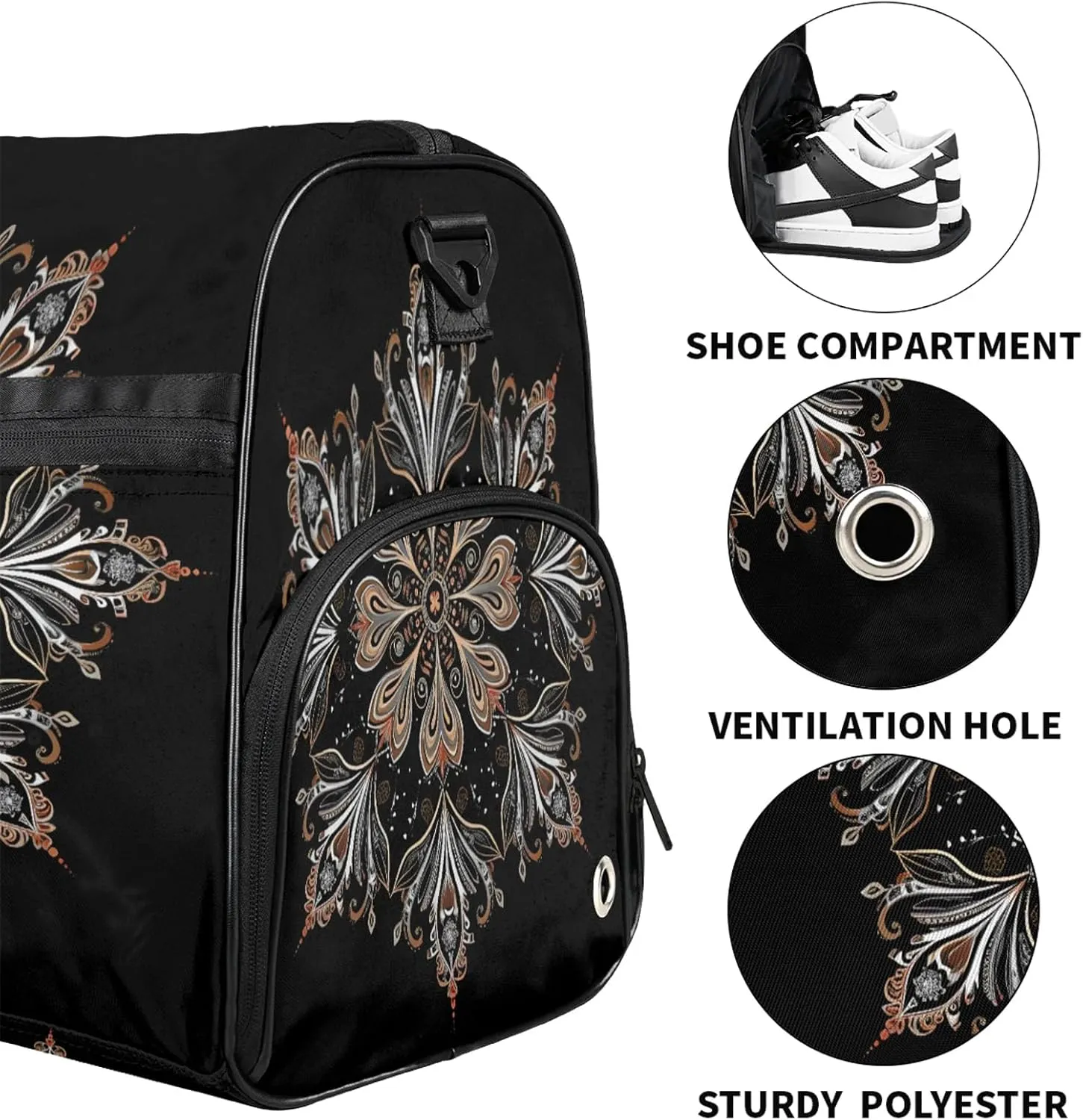 Gym Bag for Women Men Ethnic Mandala Flower Travel Duffle Bag with Shoe Compartment Waterproof Sports Tote Bags Large Overnight Weekender Bags for Travel Swimming Gym Yoga Dance