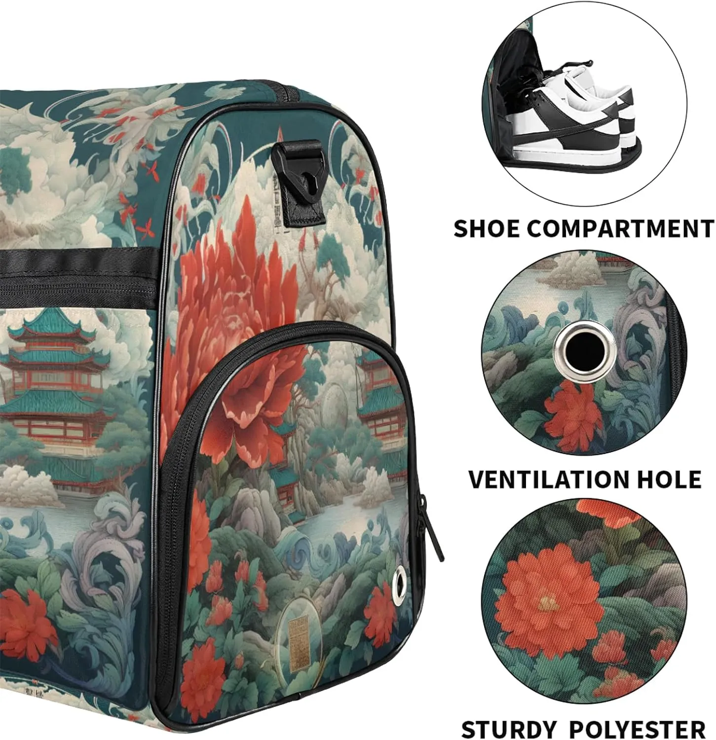 Gym Bag for Women Men Flowers Red Peony Travel Duffle Bag with Shoe Compartment Waterproof Sports Tote Bags Large Overnight Weekender Bags for Travel Swimming Gym Yoga Dance