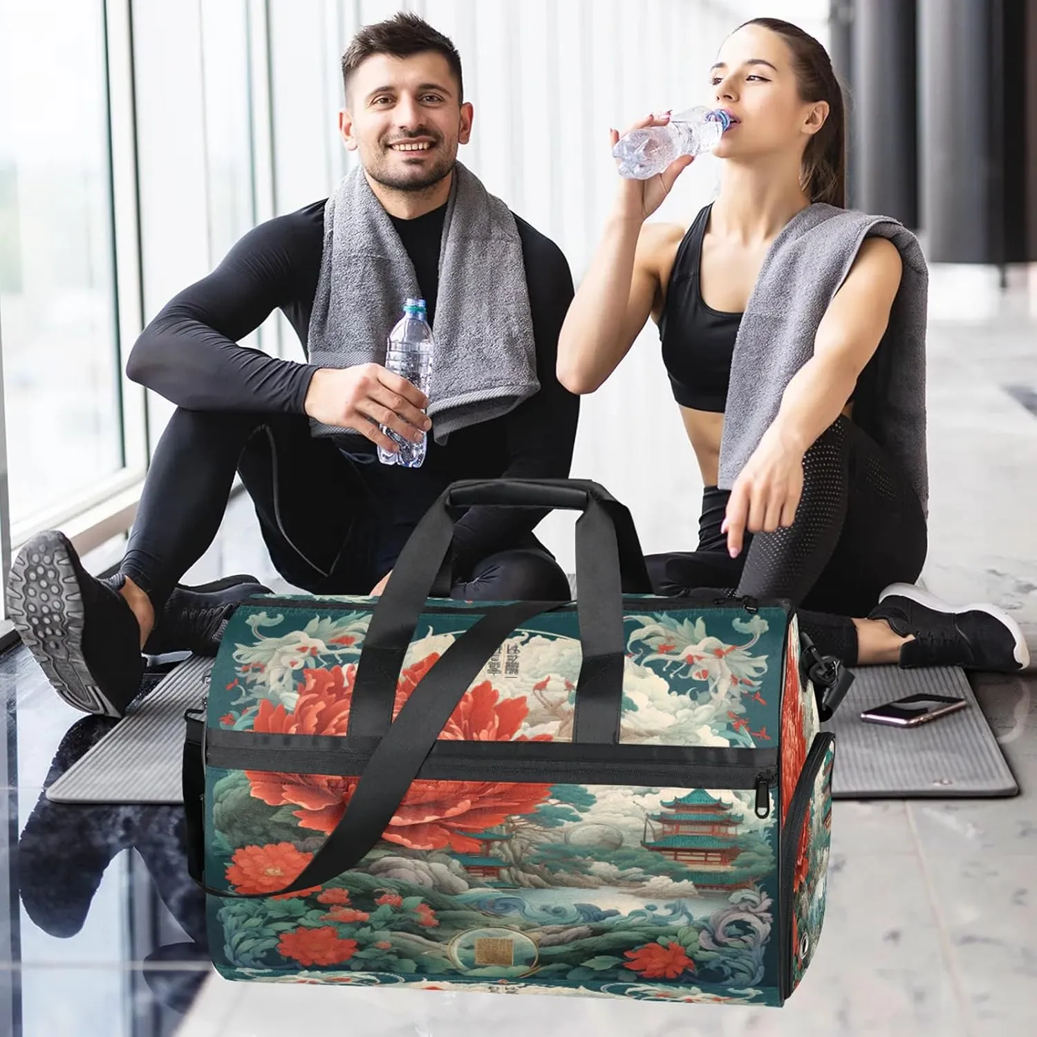 Gym Bag for Women Men Flowers Red Peony Travel Duffle Bag with Shoe Compartment Waterproof Sports Tote Bags Large Overnight Weekender Bags for Travel Swimming Gym Yoga Dance