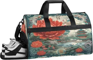 Gym Bag for Women Men Flowers Red Peony Travel Duffle Bag with Shoe Compartment Waterproof Sports Tote Bags Large Overnight Weekender Bags for Travel Swimming Gym Yoga Dance