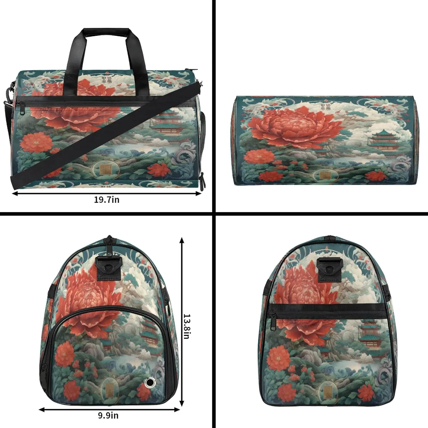 Gym Bag for Women Men Flowers Red Peony Travel Duffle Bag with Shoe Compartment Waterproof Sports Tote Bags Large Overnight Weekender Bags for Travel Swimming Gym Yoga Dance