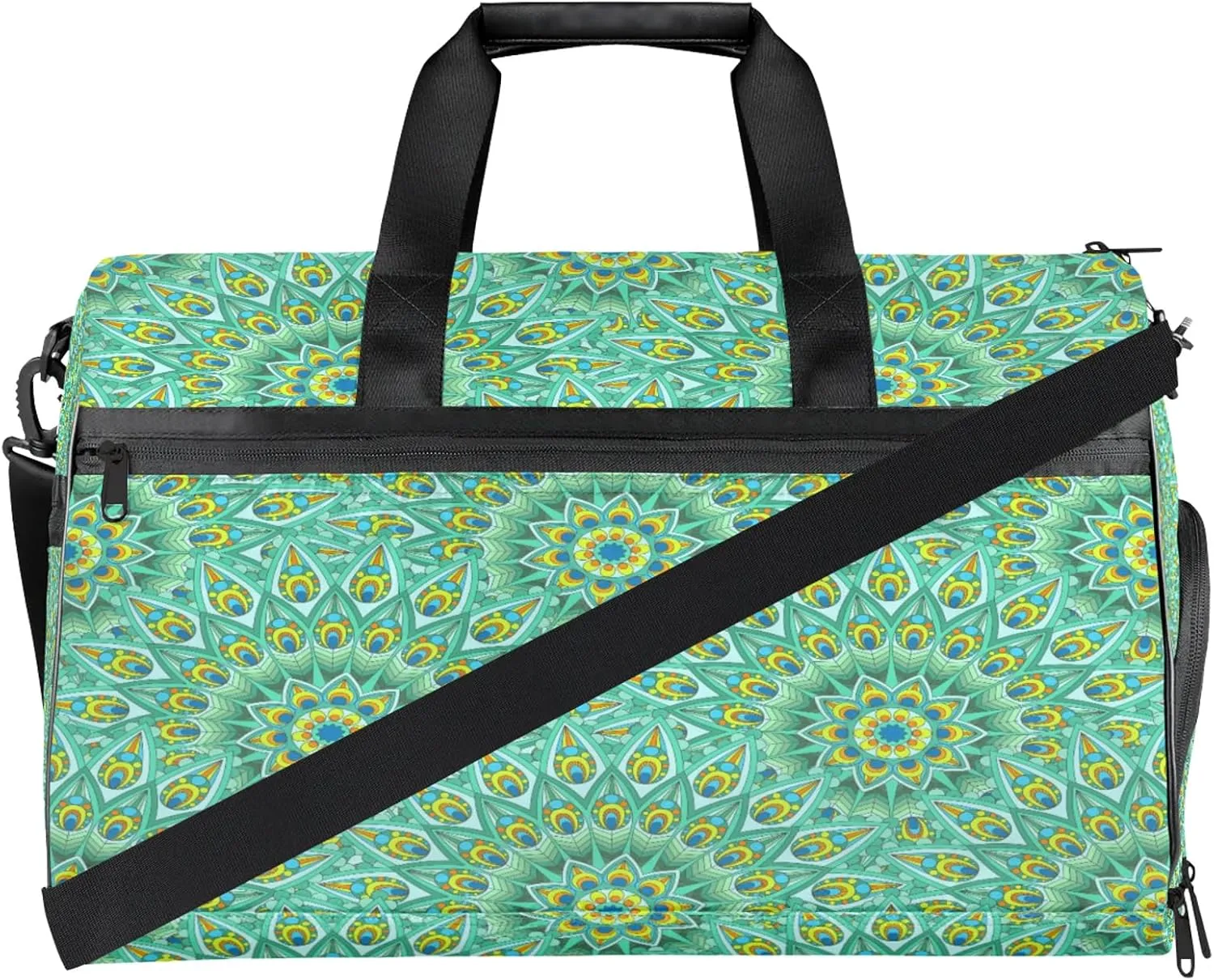 Gym Bag for Women Men Green Ethnic Mandala Travel Duffle Bag with Shoe Compartment Waterproof Sports Tote Bags Large Overnight Weekender Bags for Travel Swimming Gym Yoga Dance