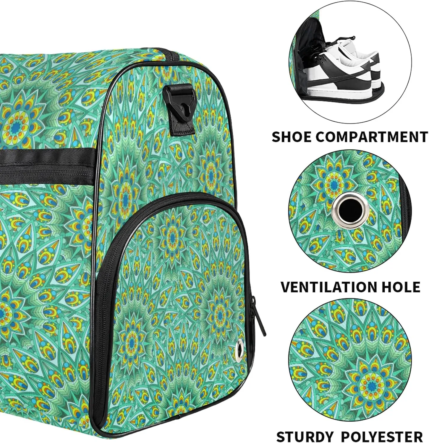 Gym Bag for Women Men Green Ethnic Mandala Travel Duffle Bag with Shoe Compartment Waterproof Sports Tote Bags Large Overnight Weekender Bags for Travel Swimming Gym Yoga Dance