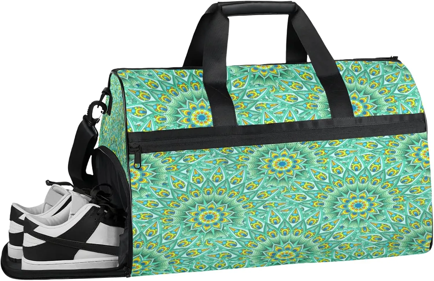 Gym Bag for Women Men Green Ethnic Mandala Travel Duffle Bag with Shoe Compartment Waterproof Sports Tote Bags Large Overnight Weekender Bags for Travel Swimming Gym Yoga Dance