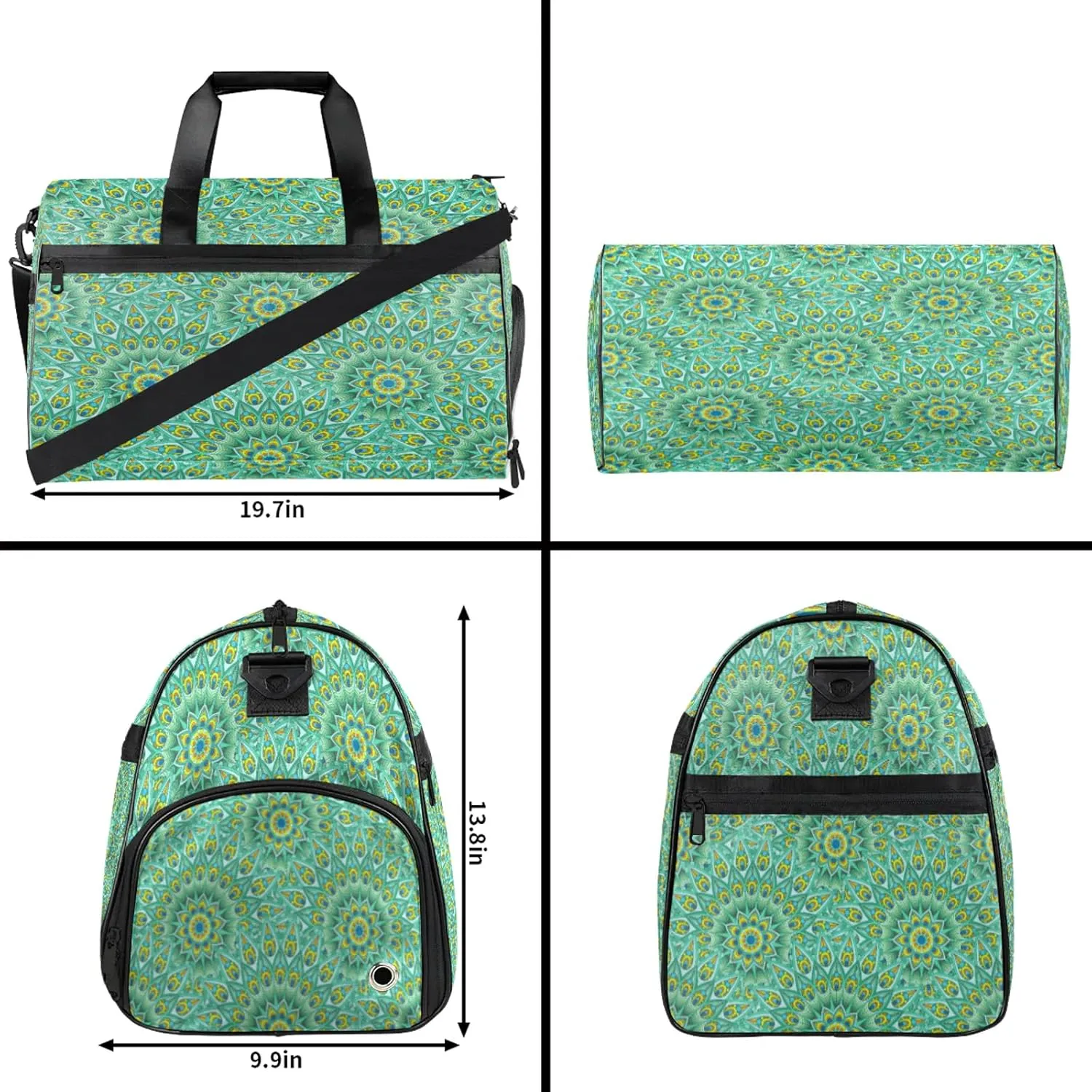 Gym Bag for Women Men Green Ethnic Mandala Travel Duffle Bag with Shoe Compartment Waterproof Sports Tote Bags Large Overnight Weekender Bags for Travel Swimming Gym Yoga Dance