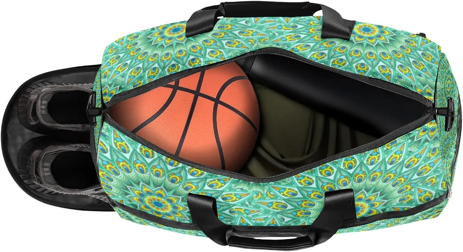 Gym Bag for Women Men Green Ethnic Mandala Travel Duffle Bag with Shoe Compartment Waterproof Sports Tote Bags Large Overnight Weekender Bags for Travel Swimming Gym Yoga Dance