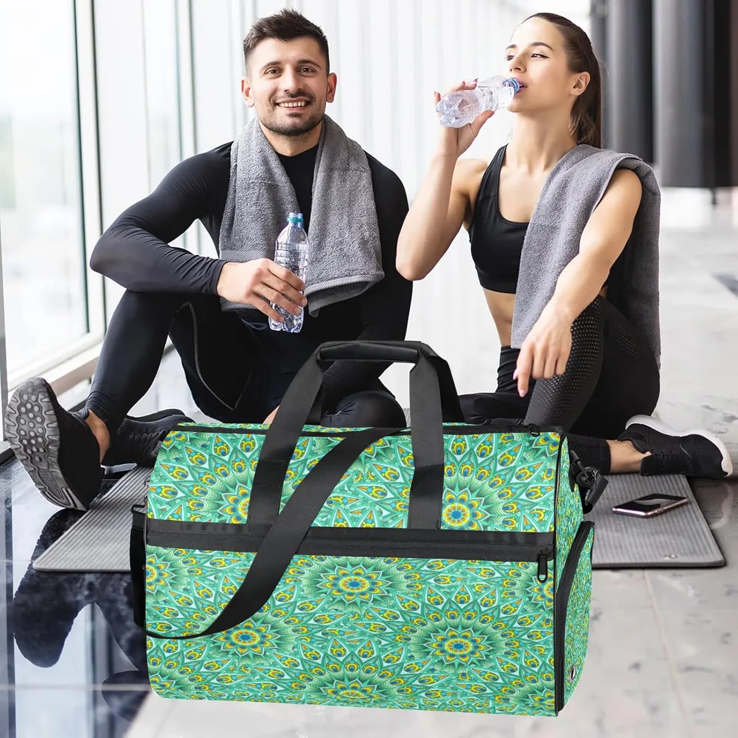 Gym Bag for Women Men Green Ethnic Mandala Travel Duffle Bag with Shoe Compartment Waterproof Sports Tote Bags Large Overnight Weekender Bags for Travel Swimming Gym Yoga Dance