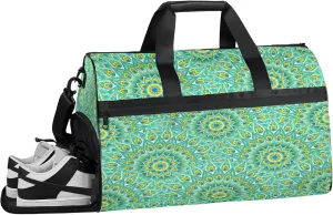Gym Bag for Women Men Green Ethnic Mandala Travel Duffle Bag with Shoe Compartment Waterproof Sports Tote Bags Large Overnight Weekender Bags for Travel Swimming Gym Yoga Dance