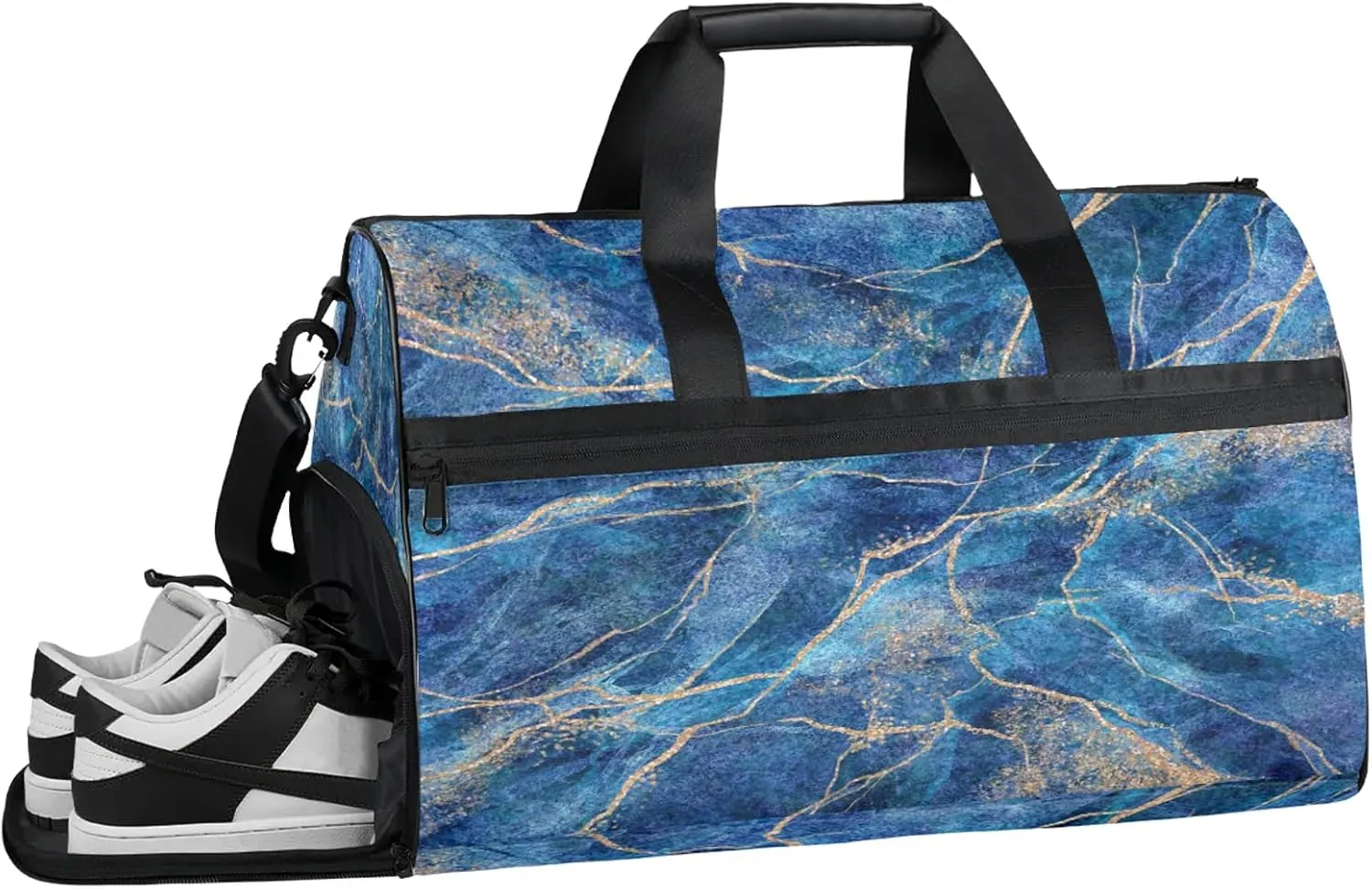 Gym Bag for Women Men Marble Abstract Blue Travel Duffle Bag with Shoe Compartment Waterproof Sports Tote Bags Large Overnight Weekender Bags for Travel Swimming Gym Yoga Dance