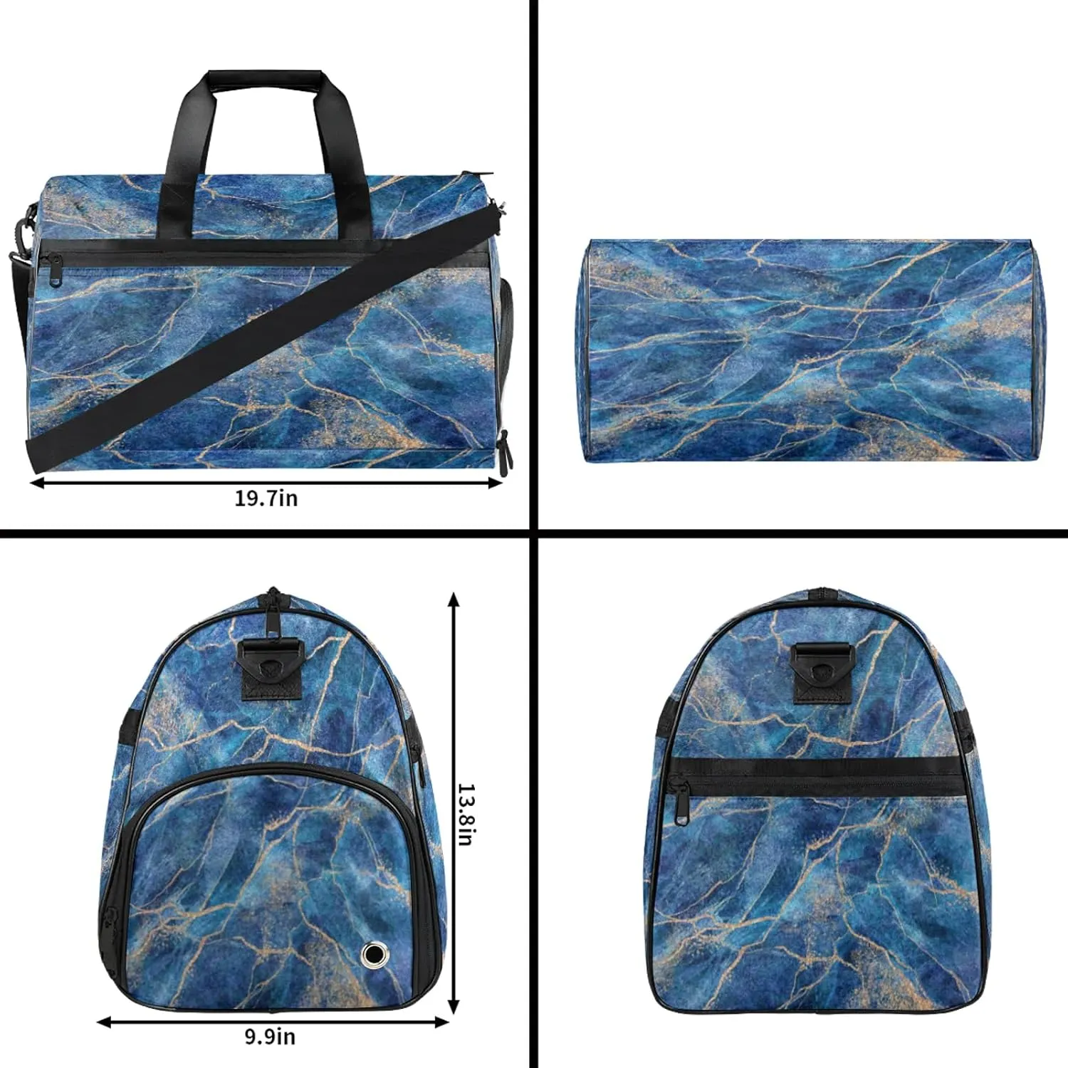 Gym Bag for Women Men Marble Abstract Blue Travel Duffle Bag with Shoe Compartment Waterproof Sports Tote Bags Large Overnight Weekender Bags for Travel Swimming Gym Yoga Dance