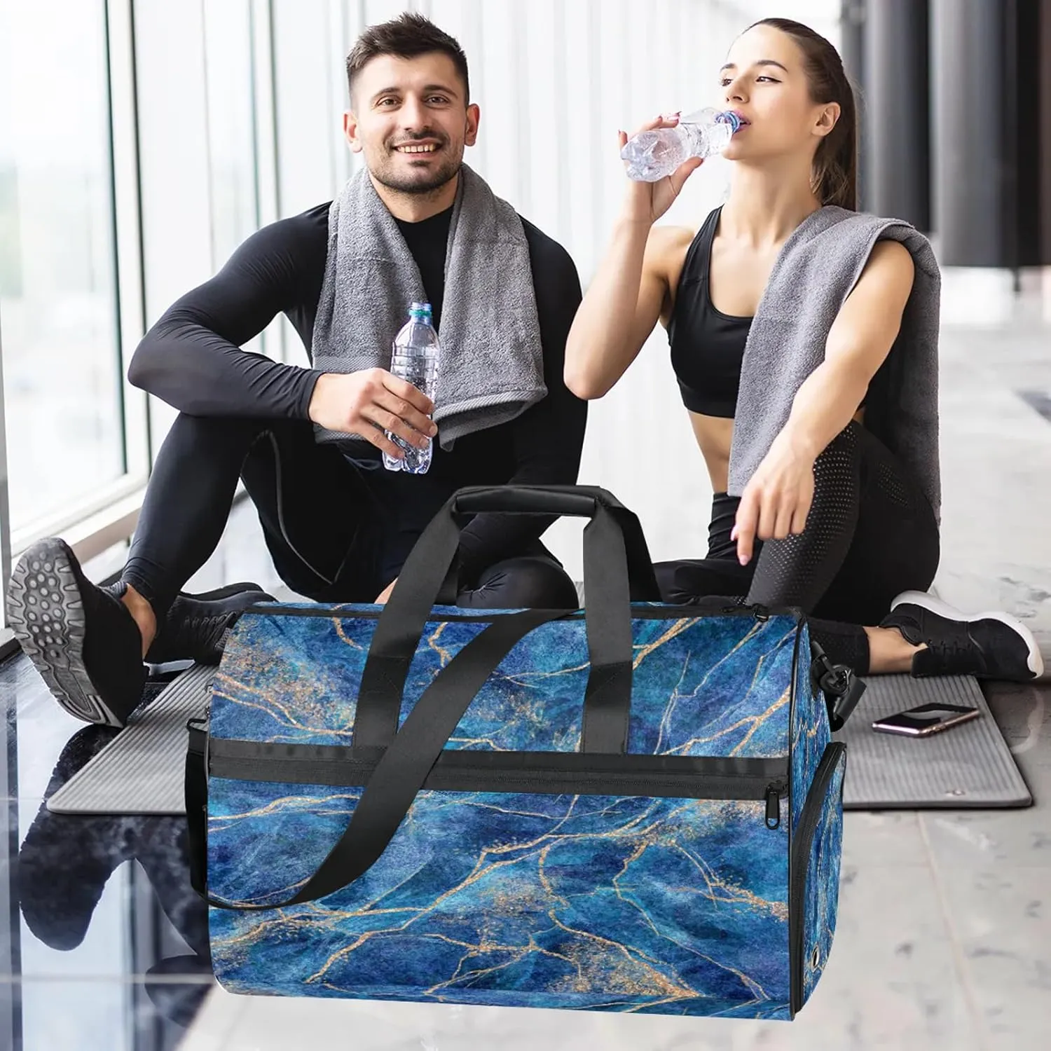 Gym Bag for Women Men Marble Abstract Blue Travel Duffle Bag with Shoe Compartment Waterproof Sports Tote Bags Large Overnight Weekender Bags for Travel Swimming Gym Yoga Dance