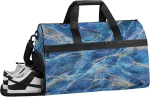 Gym Bag for Women Men Marble Abstract Blue Travel Duffle Bag with Shoe Compartment Waterproof Sports Tote Bags Large Overnight Weekender Bags for Travel Swimming Gym Yoga Dance