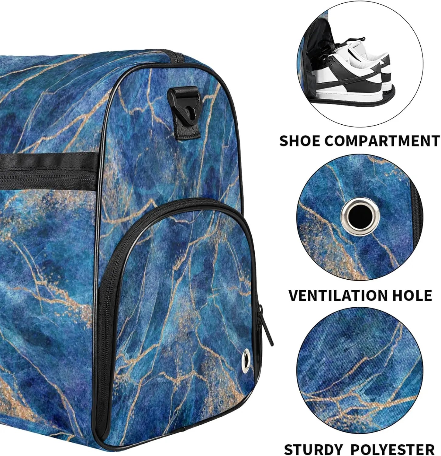 Gym Bag for Women Men Marble Abstract Blue Travel Duffle Bag with Shoe Compartment Waterproof Sports Tote Bags Large Overnight Weekender Bags for Travel Swimming Gym Yoga Dance
