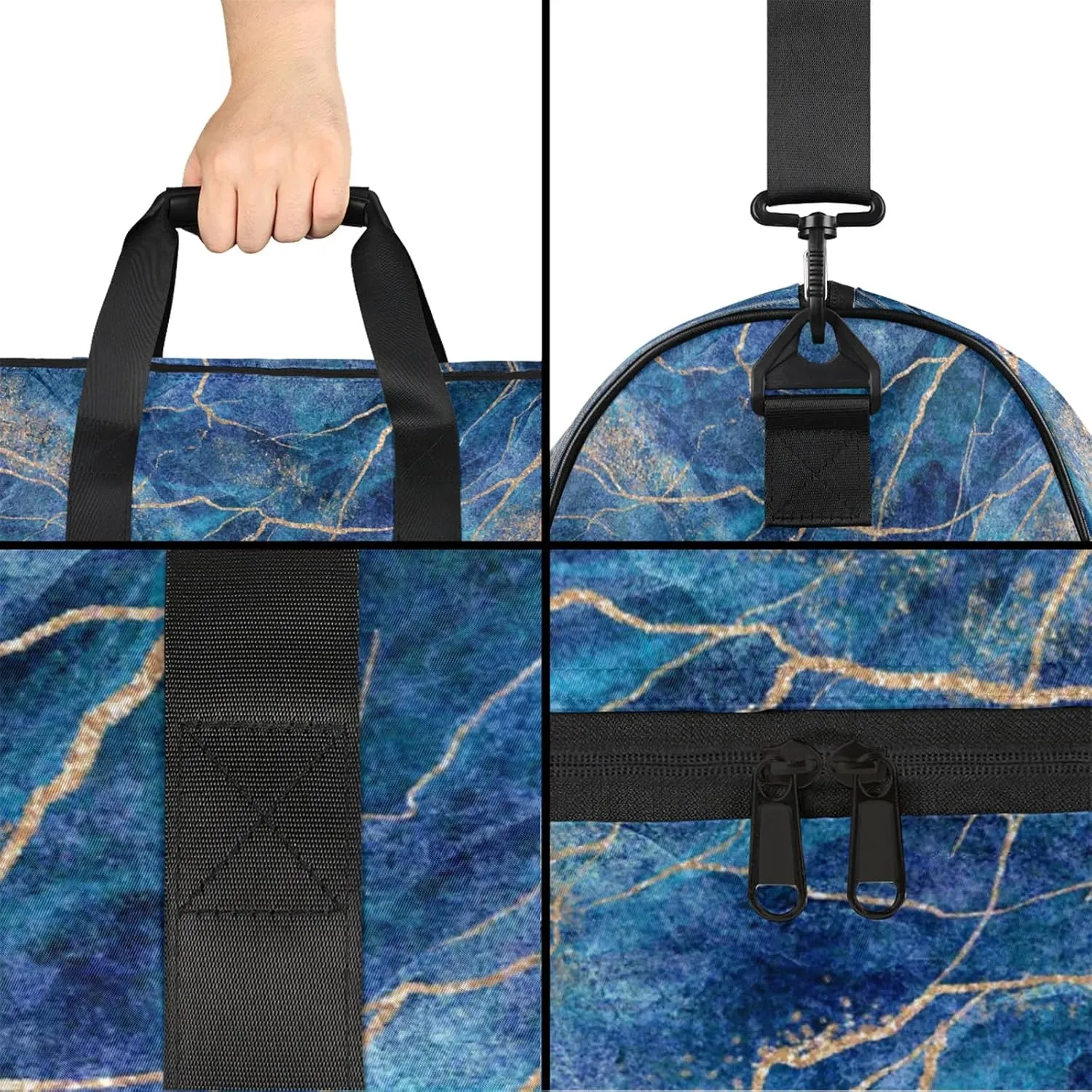 Gym Bag for Women Men Marble Abstract Blue Travel Duffle Bag with Shoe Compartment Waterproof Sports Tote Bags Large Overnight Weekender Bags for Travel Swimming Gym Yoga Dance