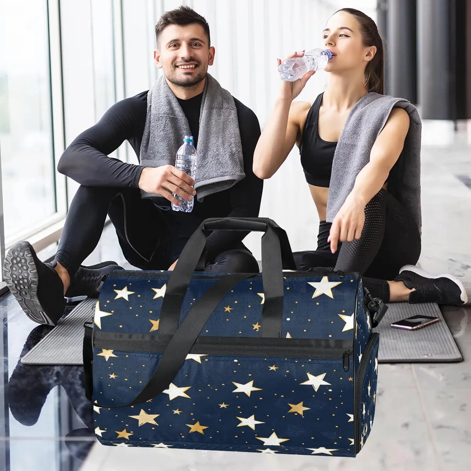 Gym Bag for Women Men Universe Stars Blue Travel Duffle Bag with Shoe Compartment Waterproof Sports Tote Bags Large Overnight Weekender Bags for Travel Swimming Gym Yoga Dance