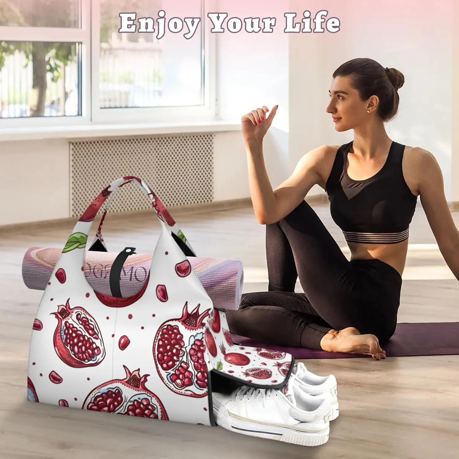 Gym Bag for Women Sweet Pomegranate Duffel Bag with Shoe Compartment and Yoga Mat Holder Portable Weekender Bags Travel Tote Bags