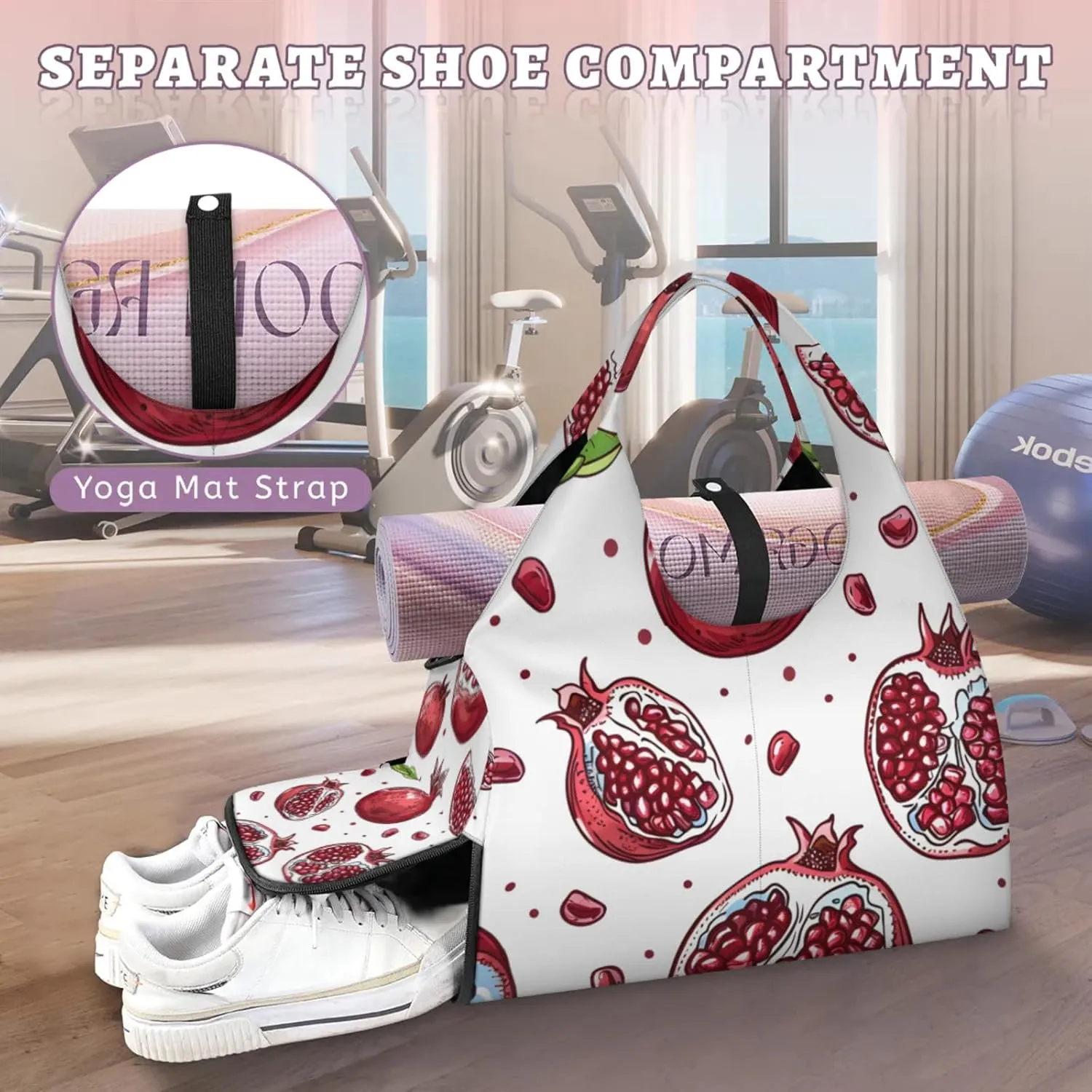 Gym Bag for Women Sweet Pomegranate Duffel Bag with Shoe Compartment and Yoga Mat Holder Portable Weekender Bags Travel Tote Bags