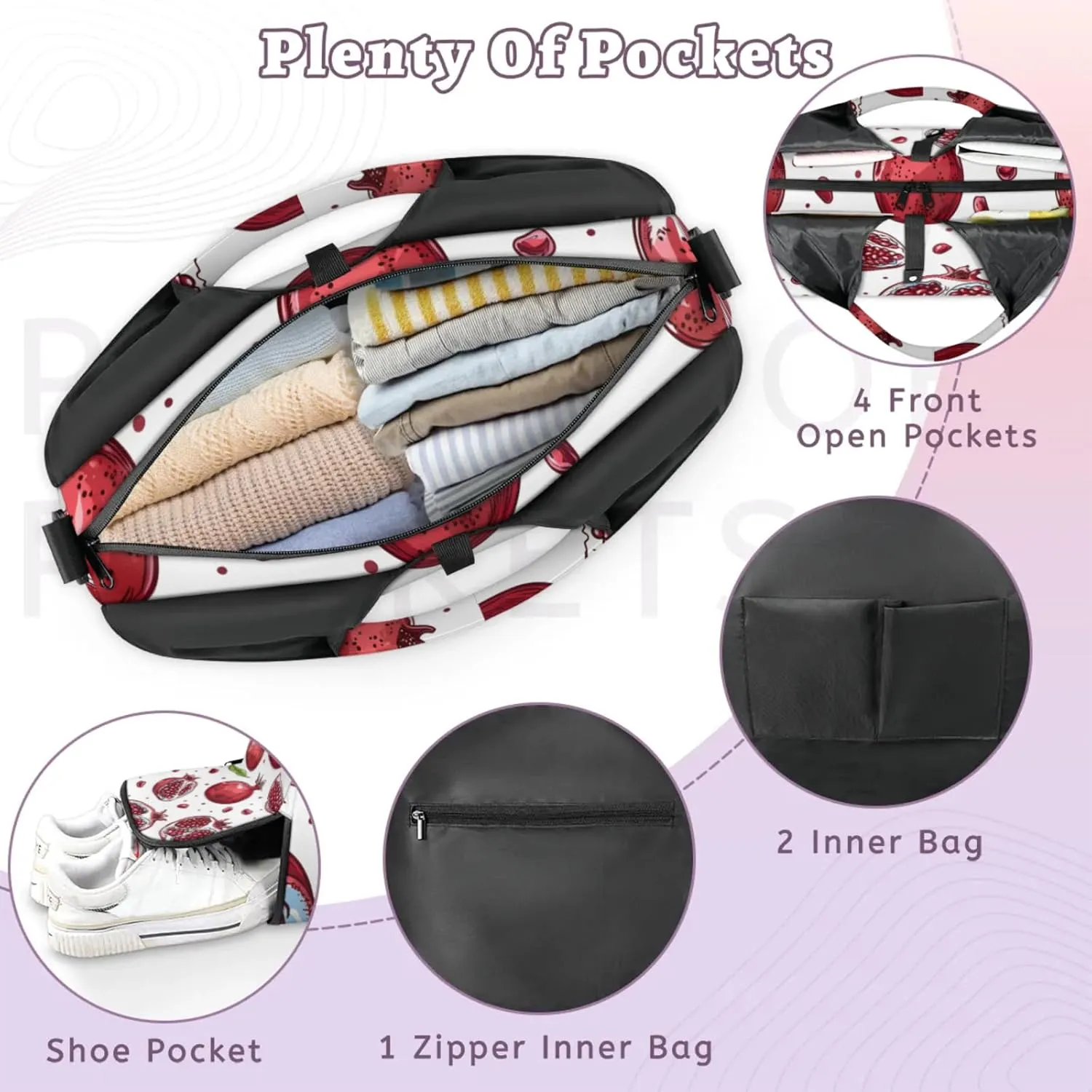 Gym Bag for Women Sweet Pomegranate Duffel Bag with Shoe Compartment and Yoga Mat Holder Portable Weekender Bags Travel Tote Bags