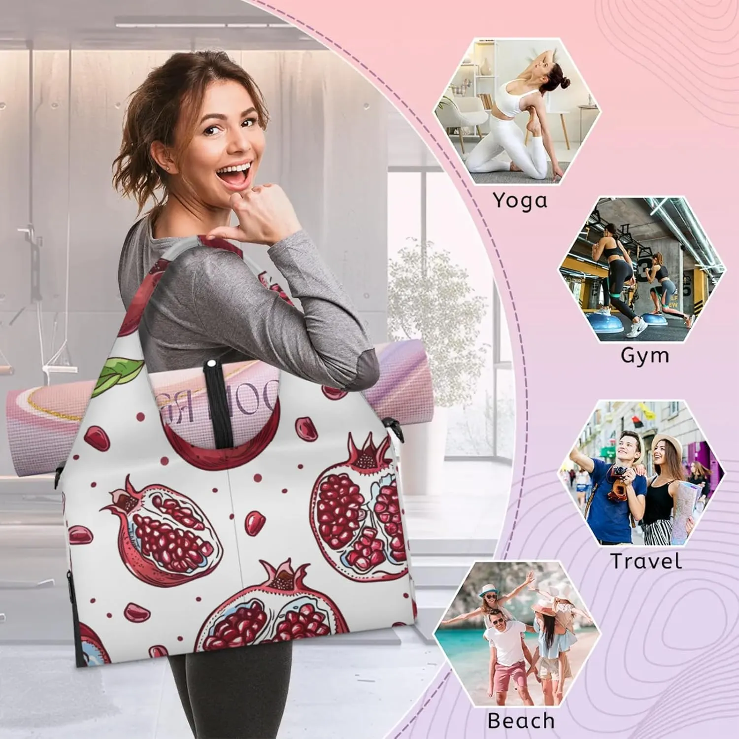 Gym Bag for Women Sweet Pomegranate Duffel Bag with Shoe Compartment and Yoga Mat Holder Portable Weekender Bags Travel Tote Bags