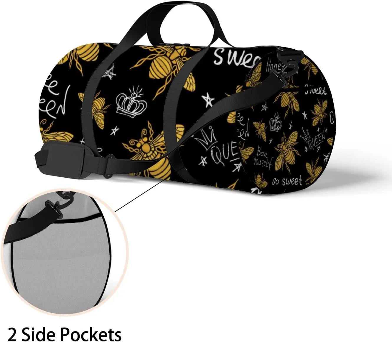 Gym Bag Sports Travel Bag Bees Honey Crown Yellow Weekender Bags with 2 Side Pocket Lightweight Waterproof Polyester Tote Bag for Swimming Yoga Women Men 9x17.6inch