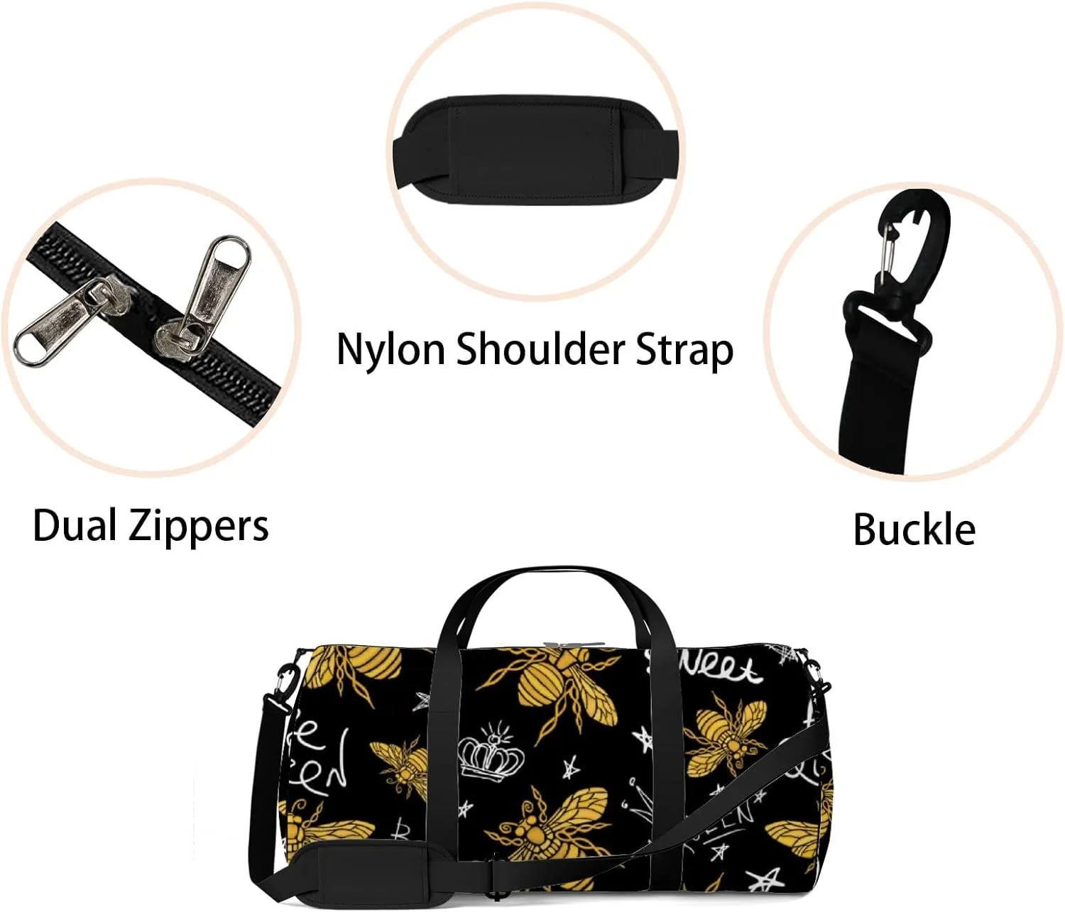 Gym Bag Sports Travel Bag Bees Honey Crown Yellow Weekender Bags with 2 Side Pocket Lightweight Waterproof Polyester Tote Bag for Swimming Yoga Women Men 9x17.6inch