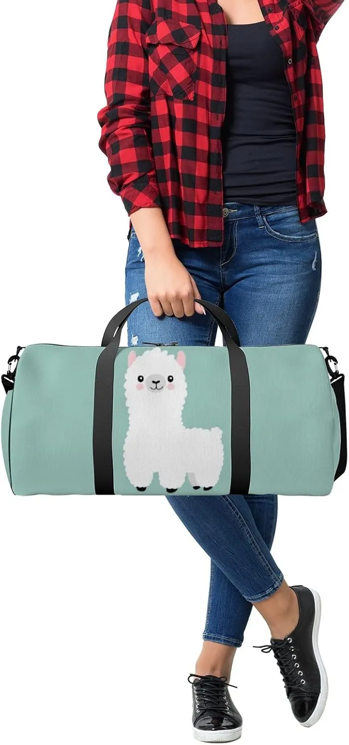 Gym Bag Sports Travel Bag Cute Alpaca White Green Weekender Bags with 2 Side Pocket Lightweight Waterproof Polyester Tote Bag for Swimming Yoga Women Men 9x17.6inch
