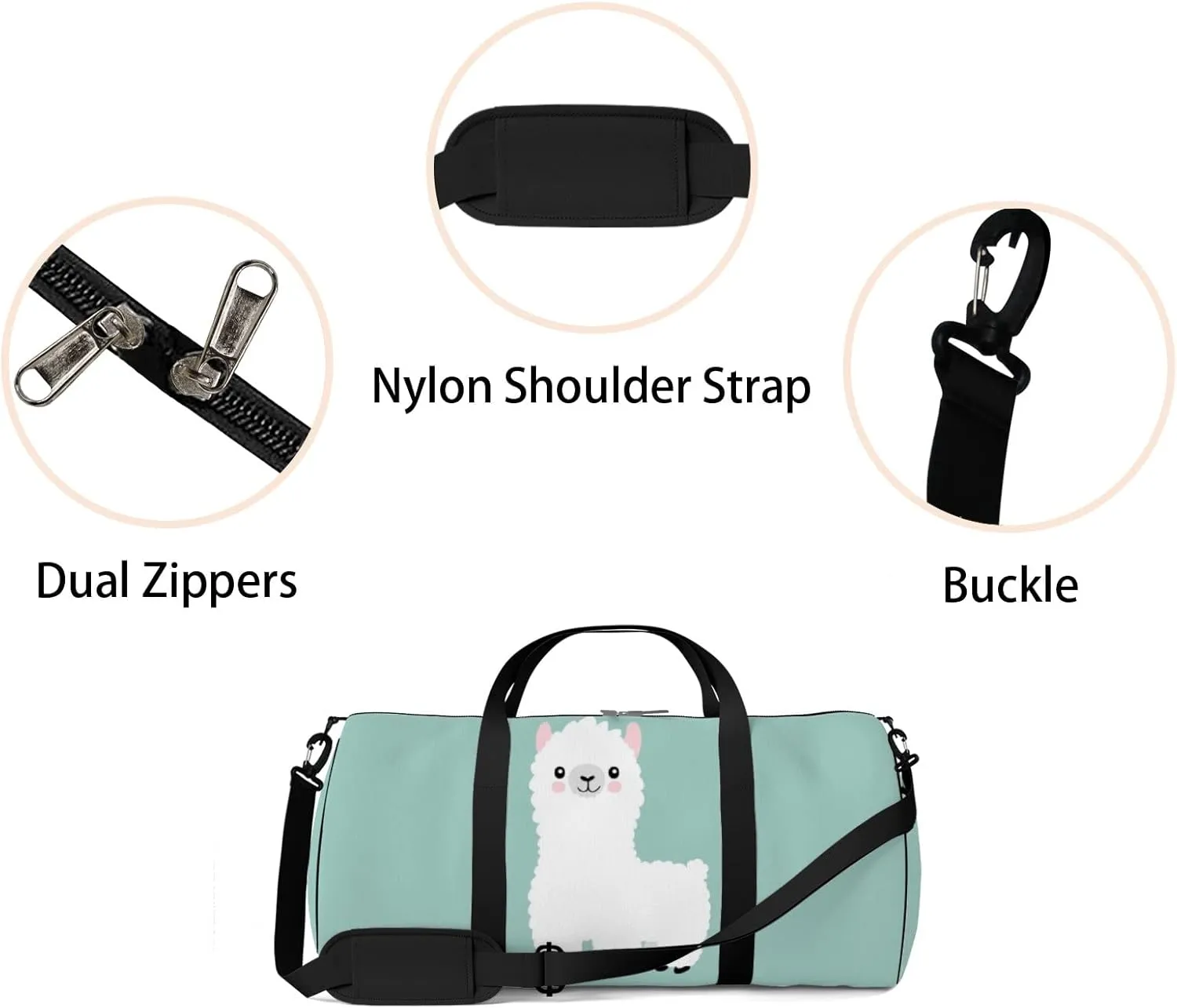 Gym Bag Sports Travel Bag Cute Alpaca White Green Weekender Bags with 2 Side Pocket Lightweight Waterproof Polyester Tote Bag for Swimming Yoga Women Men 9x17.6inch