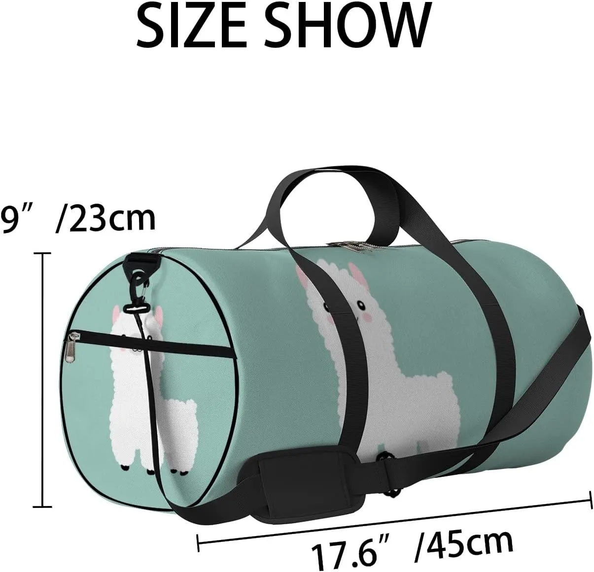 Gym Bag Sports Travel Bag Cute Alpaca White Green Weekender Bags with 2 Side Pocket Lightweight Waterproof Polyester Tote Bag for Swimming Yoga Women Men 9x17.6inch