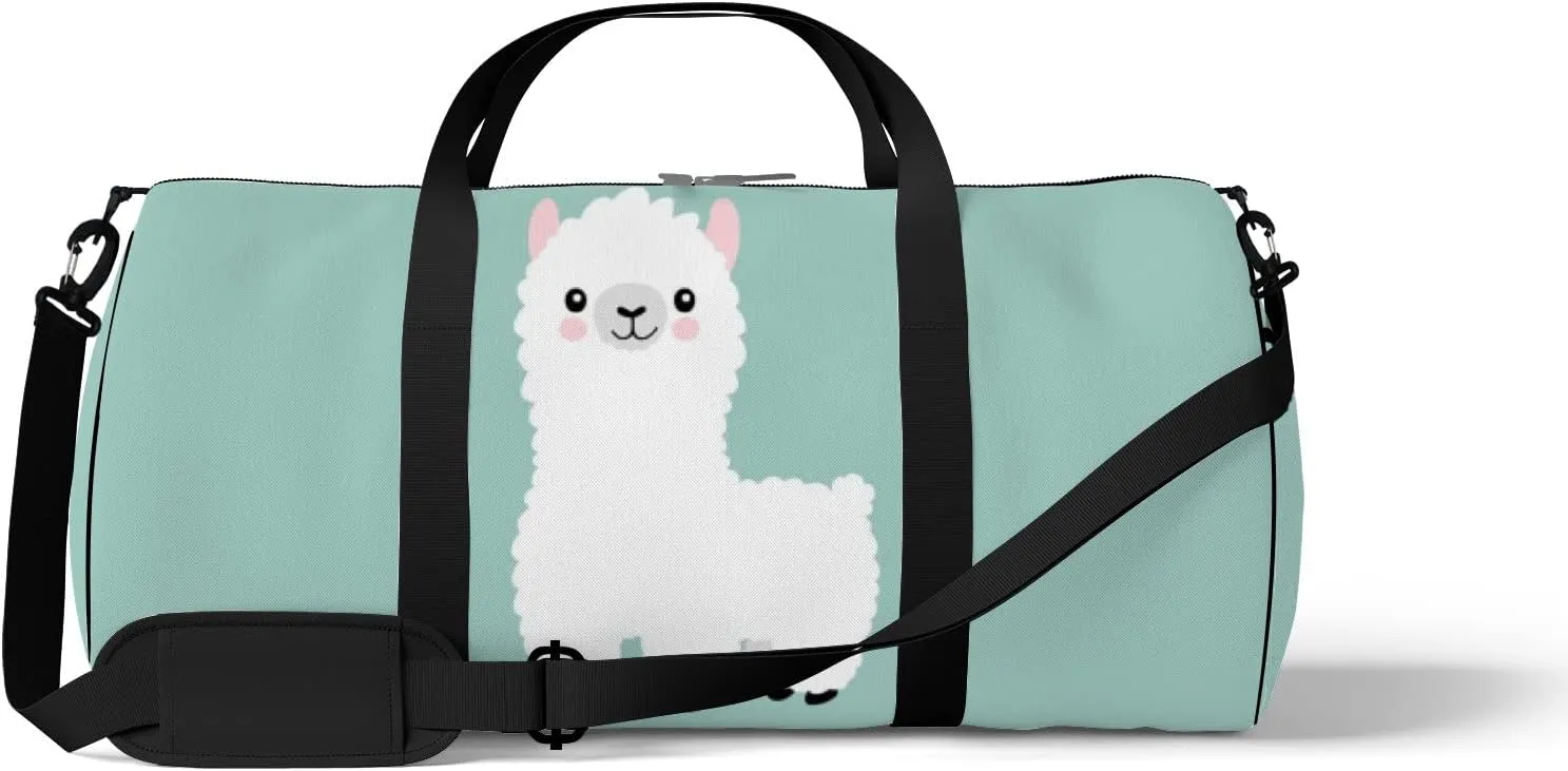 Gym Bag Sports Travel Bag Cute Alpaca White Green Weekender Bags with 2 Side Pocket Lightweight Waterproof Polyester Tote Bag for Swimming Yoga Women Men 9x17.6inch