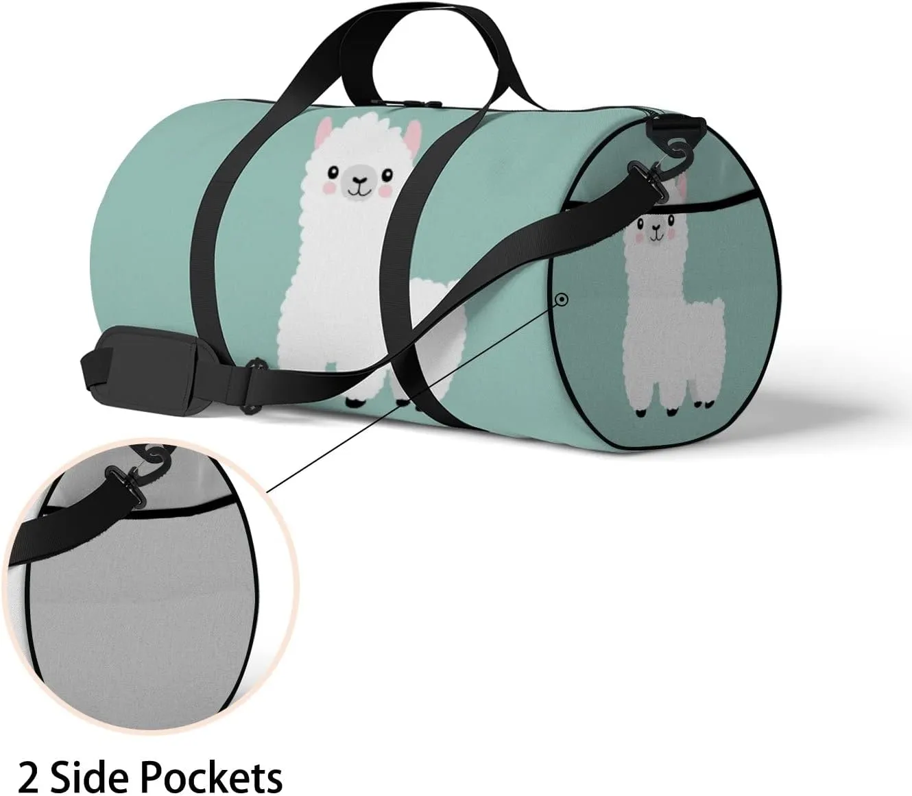 Gym Bag Sports Travel Bag Cute Alpaca White Green Weekender Bags with 2 Side Pocket Lightweight Waterproof Polyester Tote Bag for Swimming Yoga Women Men 9x17.6inch