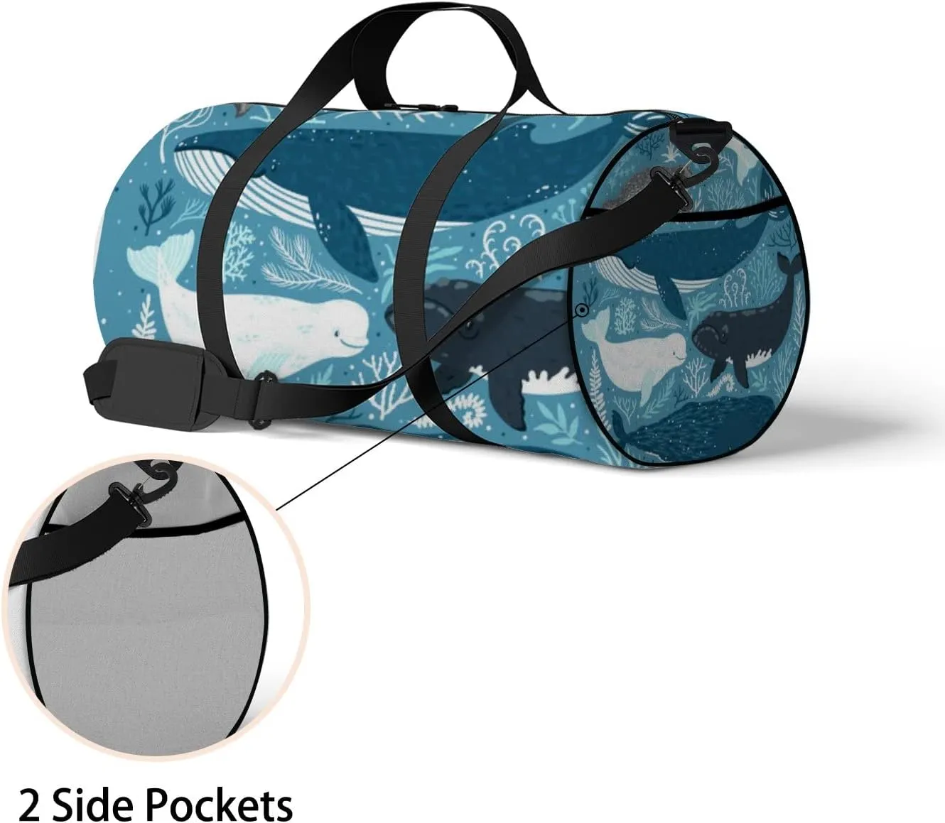 Gym Bag Sports Travel Bag Cute Dolphins Whales Blue Weekender Bags with 2 Side Pocket Lightweight Waterproof Polyester Tote Bag for Swimming Yoga Women Men 9x17.6inch