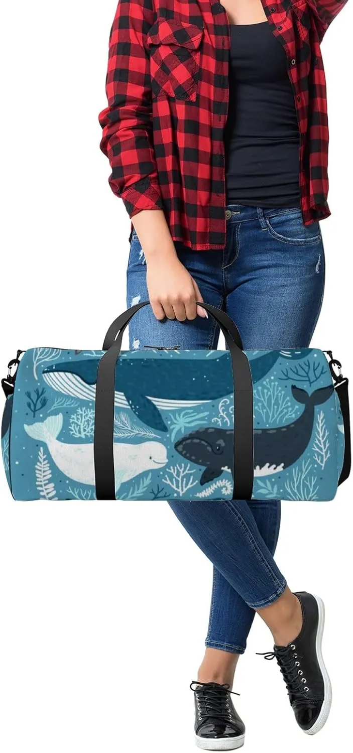 Gym Bag Sports Travel Bag Cute Dolphins Whales Blue Weekender Bags with 2 Side Pocket Lightweight Waterproof Polyester Tote Bag for Swimming Yoga Women Men 9x17.6inch