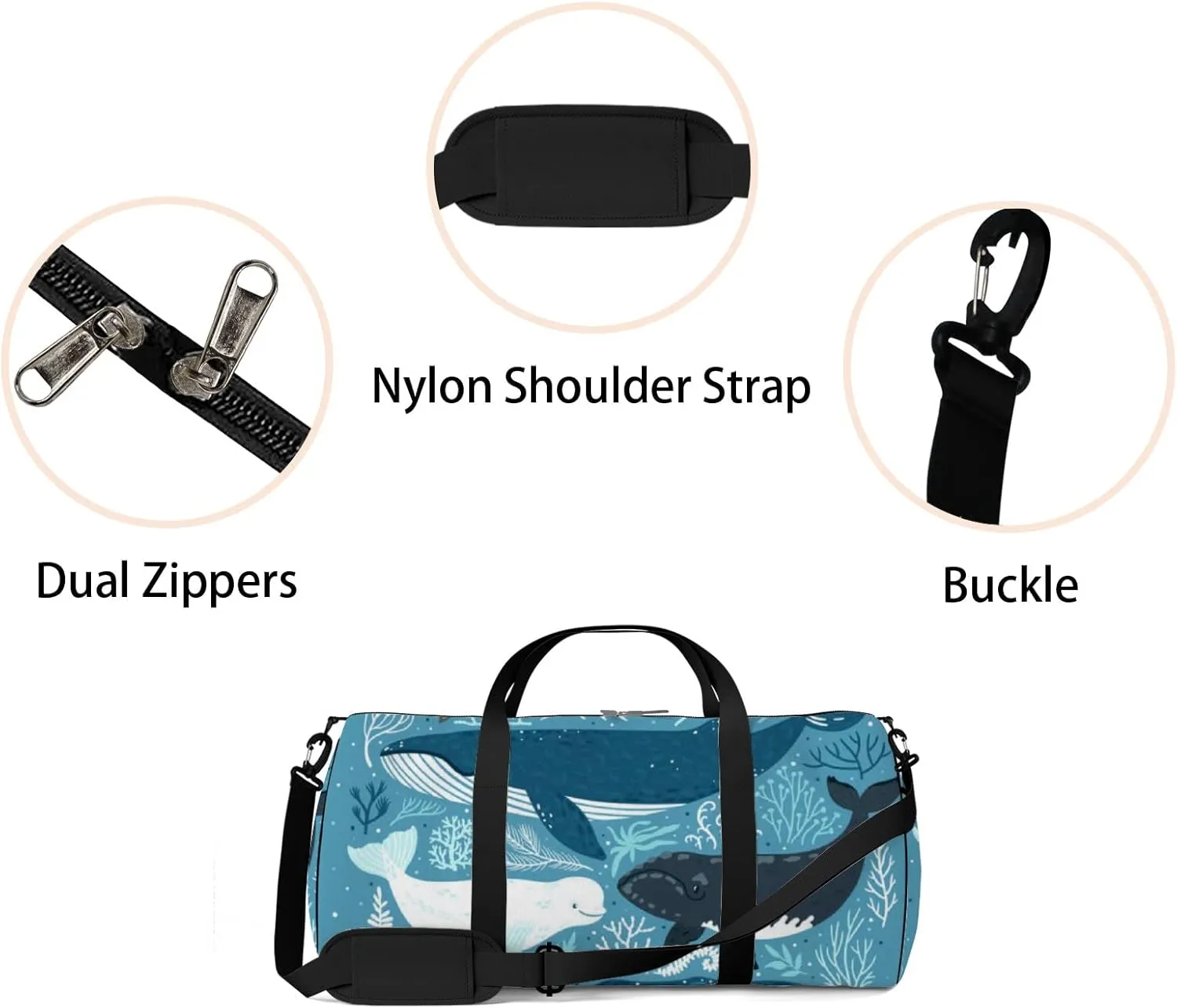 Gym Bag Sports Travel Bag Cute Dolphins Whales Blue Weekender Bags with 2 Side Pocket Lightweight Waterproof Polyester Tote Bag for Swimming Yoga Women Men 9x17.6inch