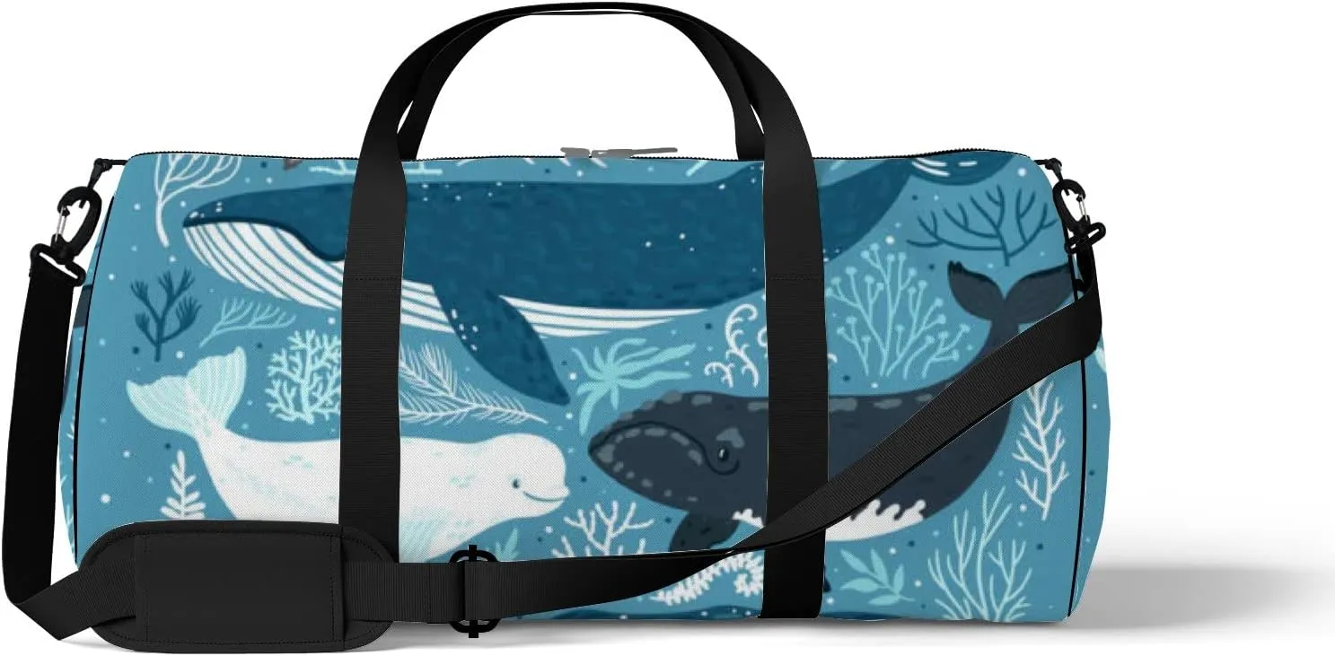Gym Bag Sports Travel Bag Cute Dolphins Whales Blue Weekender Bags with 2 Side Pocket Lightweight Waterproof Polyester Tote Bag for Swimming Yoga Women Men 9x17.6inch