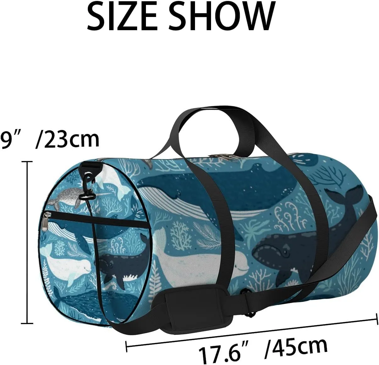 Gym Bag Sports Travel Bag Cute Dolphins Whales Blue Weekender Bags with 2 Side Pocket Lightweight Waterproof Polyester Tote Bag for Swimming Yoga Women Men 9x17.6inch