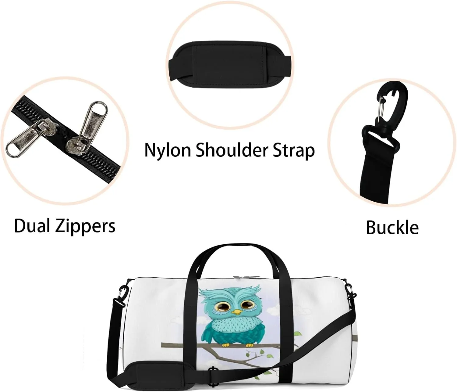 Gym Bag Sports Travel Bag Cute Owl Blue Weekender Bags with 2 Side Pocket Lightweight Waterproof Polyester Tote Bag for Swimming Yoga Women Men 9x17.6inch
