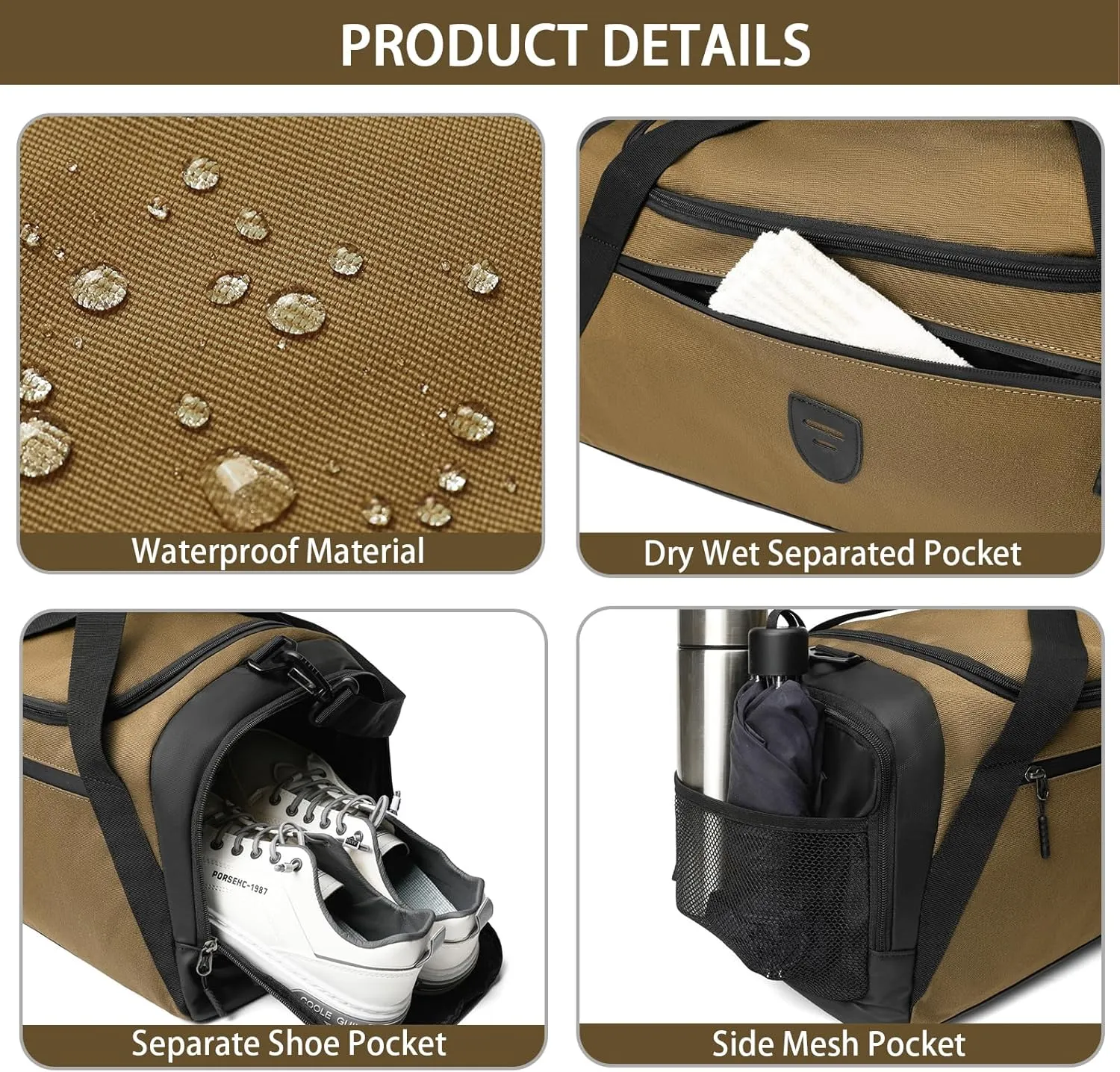 Gym Bags For Men & Women With Shoes Compartment And Wet Pocket, Sports Duffle Bag, Workout Bags For Gym Swimming Yoga,Waterproof Weekend Overnight Carry On Bag A-TD-005-Brown