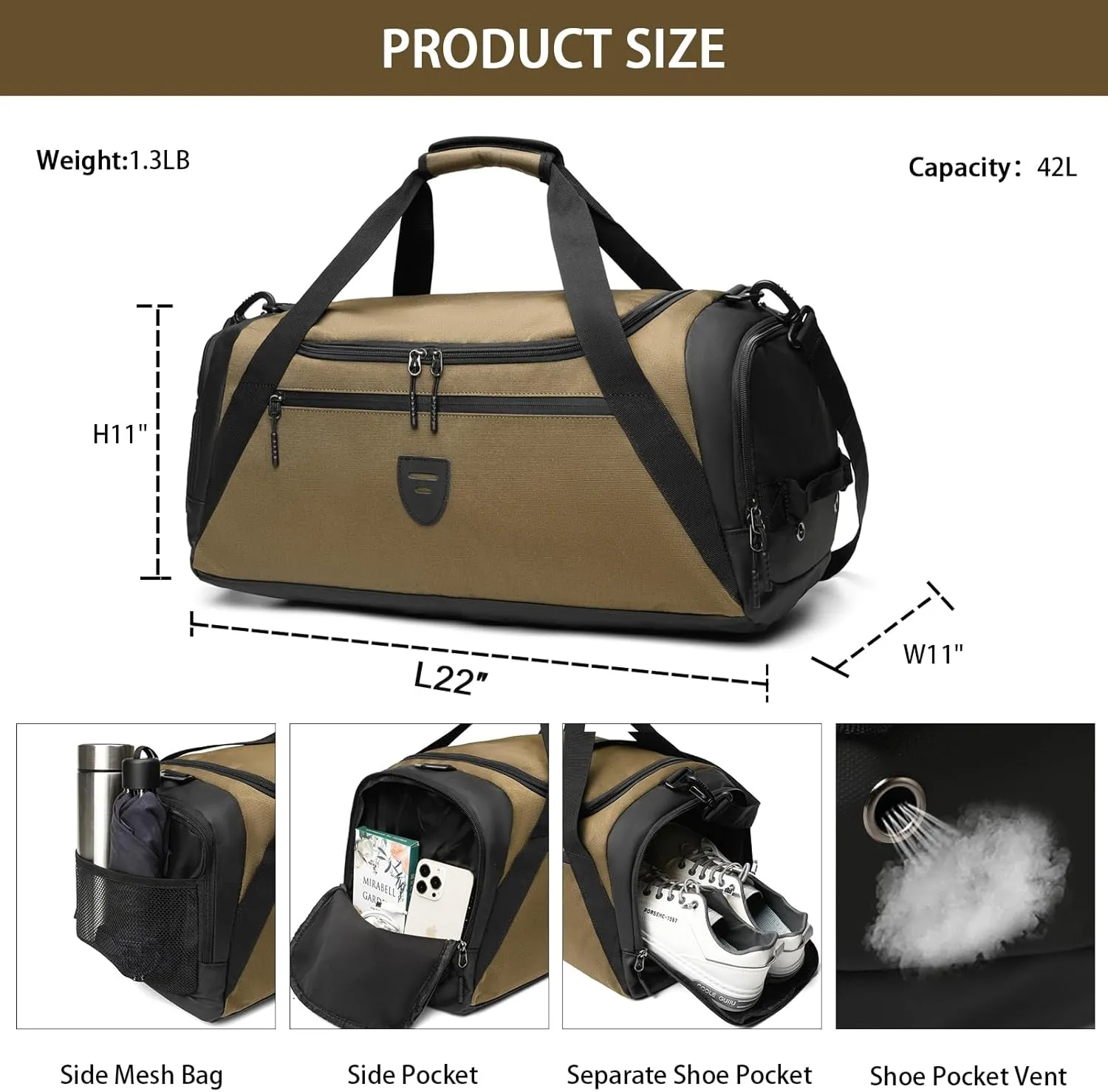 Gym Bags For Men & Women With Shoes Compartment And Wet Pocket, Sports Duffle Bag, Workout Bags For Gym Swimming Yoga,Waterproof Weekend Overnight Carry On Bag A-TD-005-Brown